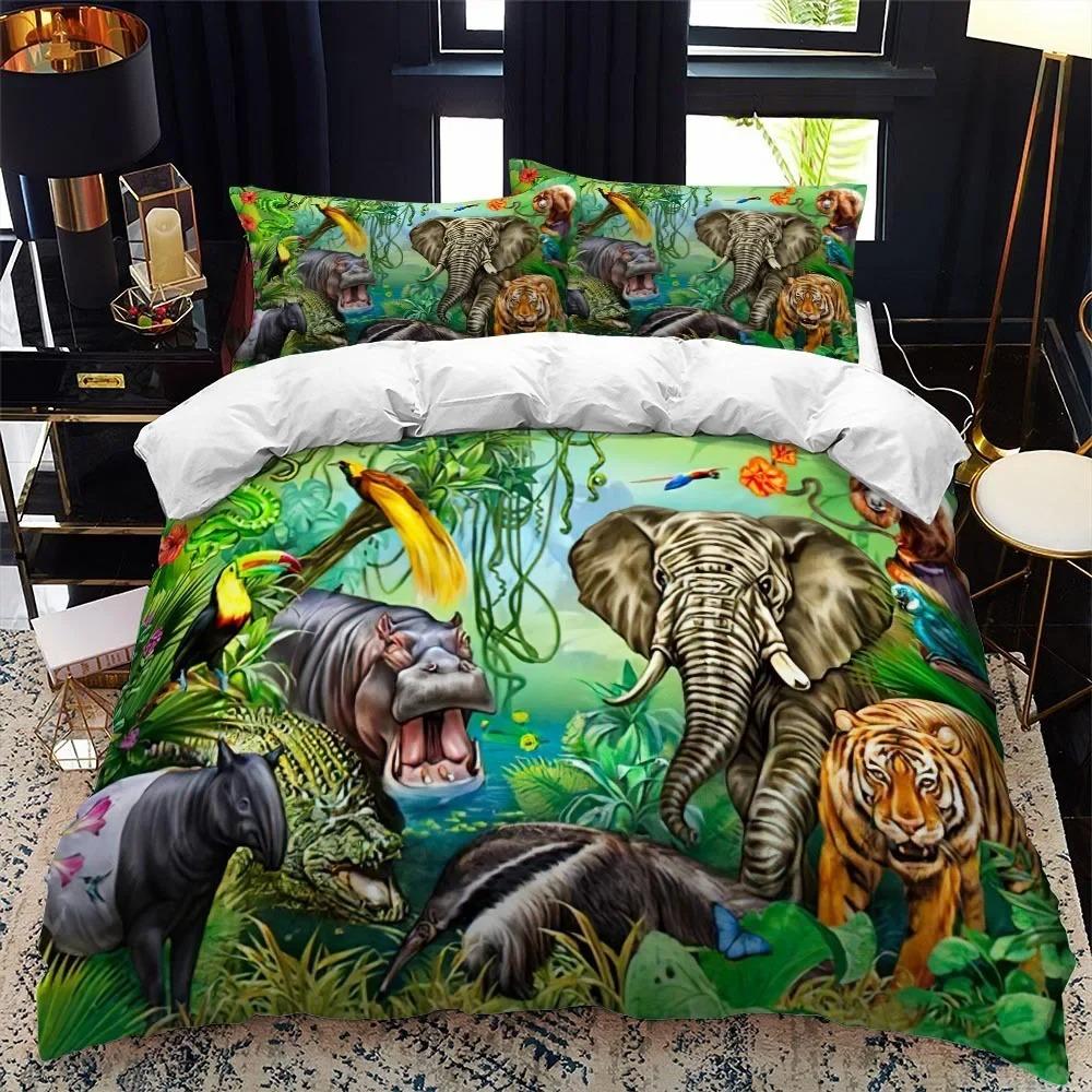 Cartoon Animal Duvet Cover King Queen Zoo Tiger Elephant Lion Bedding Set Kids Colorful Wildlife 2/3pcs Polyester Quilt Cover