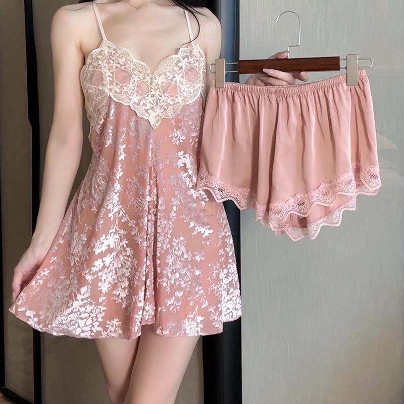 Французская сексуальная женская пижама: 2025 Выгоревший кружевной комплект из майки и шорт