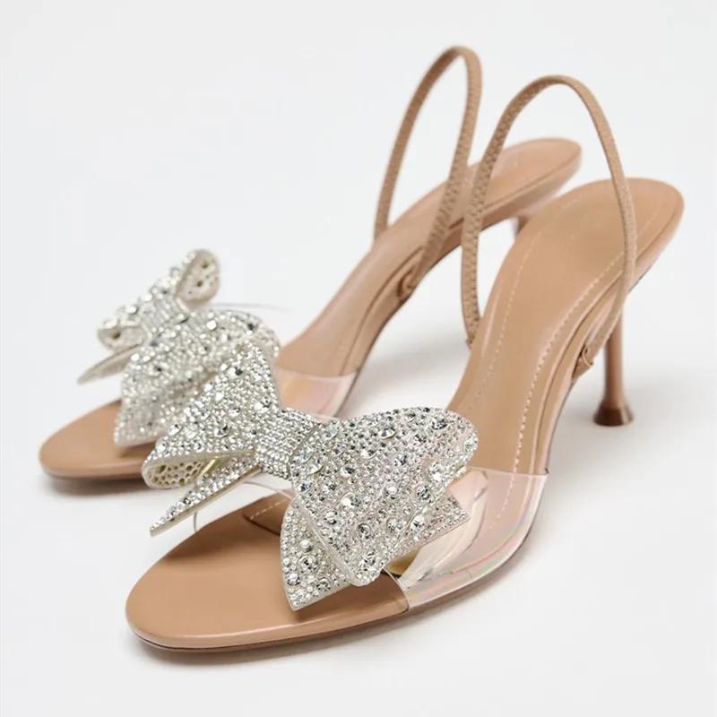 Fashion Luxury Glitter Rhinestone Bow Designer Heeled Sandals Women Summer Peep Toe Back Strap High Heels Elegant Party Wedding Shoes