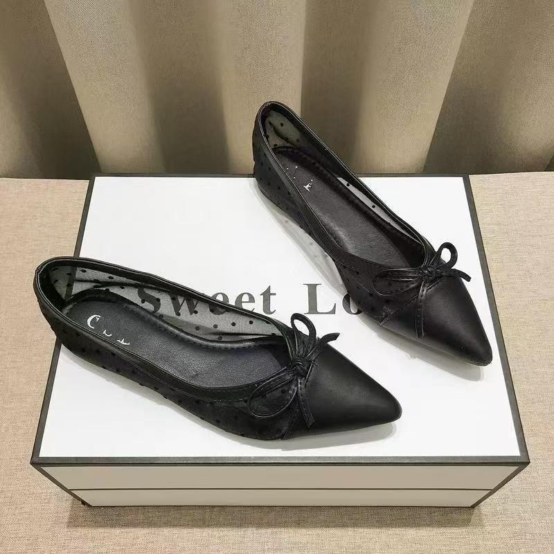 2025 New Pointed Mesh Flat Shoes To Work Breathable Bow Sandals Hollow Soft Sole Shallow Mouth Outer Wear Single Shoes