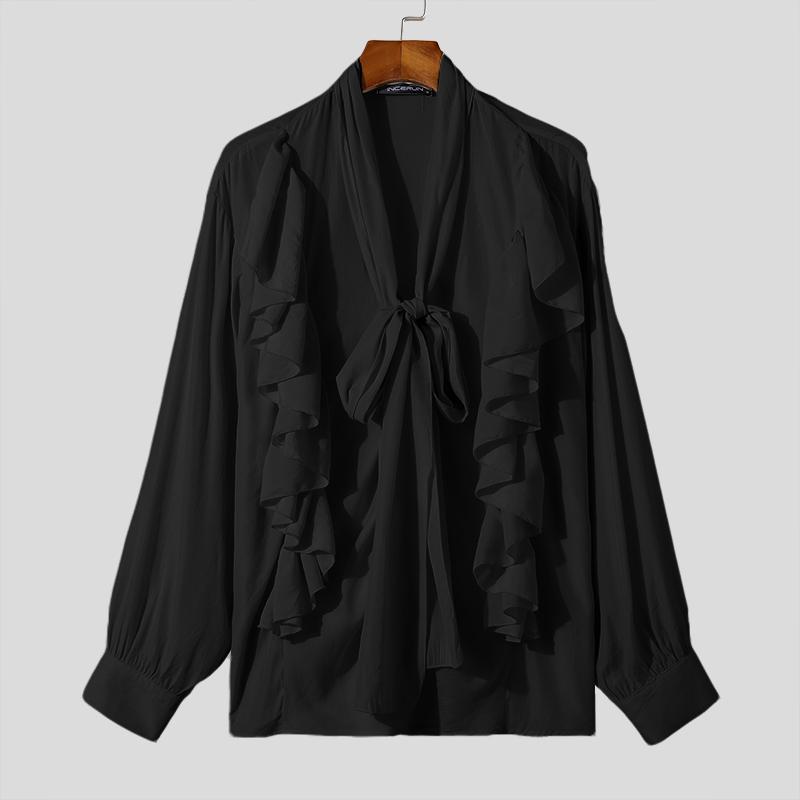 INCERUN Мужские рубашки с длинным рукавом и оборками, завязывающиеся на резинке, прозрачные многослойные топы с воланами