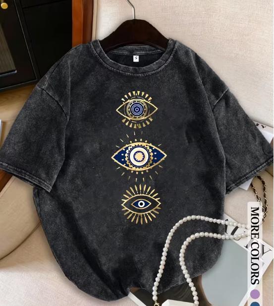Black Short Sleeved Tshirt for Women in Summer Retro and Casual Washed and Worn Printed Tops