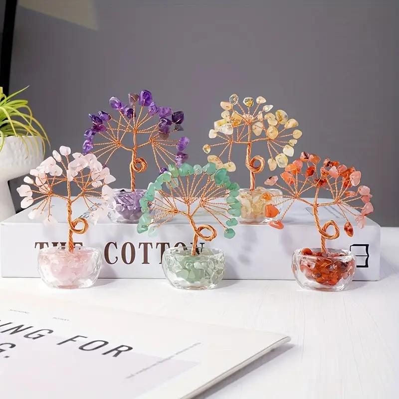 1pc Natural Rose Quartz, Crystal, Crystal Tree, DIY Hand Woven Life Tree, Home Desktop Decoration Ornament, Suitable for Mother'