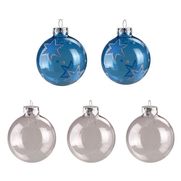 Set De 5 Boules En Verre Translucide - 1001kdo - Décoration De Fête - Noël - Bleu - 6 Cm