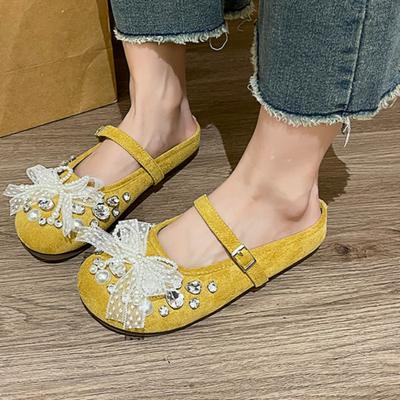 Женские туфли с круглым носком, неглубоким вырезом, кристаллами, жемчугом, бантом-бабочкой, из коровьей замши, с металлической пряжкой, на мягкой подошве, нескользящие