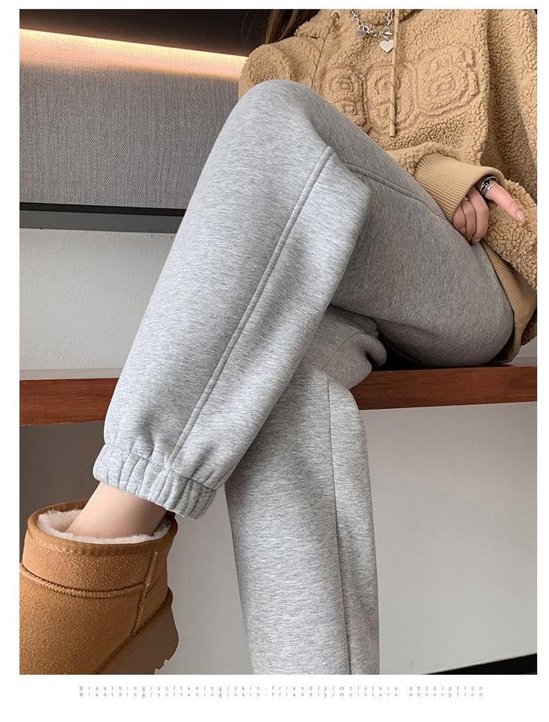 Женские флисовые спортивные штаны с высокой посадкой и манжетами - Толстые серые джоггеры для осени/зимы 2024