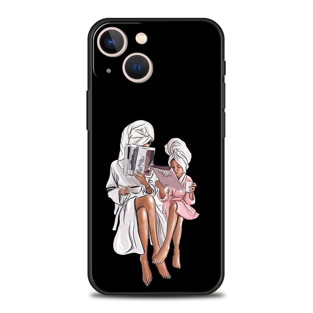 Чехол для телефона с черными коричневыми волосами для мамы, дочки и сына для iPhone 13 15 14 12 Mini 11 Pro MAX XR X SE XS 7 8 Plus, черный силиконовый чехол