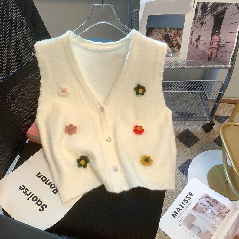 Вязаный кардиган с милым цветком, корейское издание, шикарный жилет-свитер, свободное маленькое пальто без рукавов, весенний жилет-кардиган