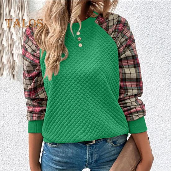 Женская толстовка осень-весна с принтом в клетку, с круглым вырезом, свободная, с длинными рукавами, с ромбовидной текстурой, повседневная одежда, спортивный топ