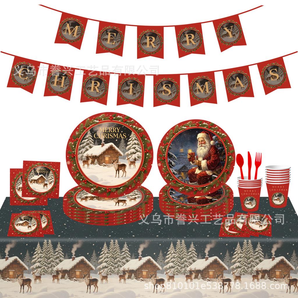 Рождественская тематическая вечеринка Бумажные тарелки Салфетки Праздничная одноразовая посуда для вечеринки Декоративные бумажные тарелки Бумажные стаканчики