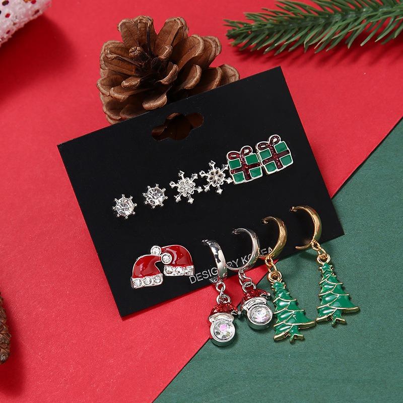 Christmas Stud Earrings Combination New Cartoon Holiday Alloy Dripping Elk Old Man Bell Earrings Set