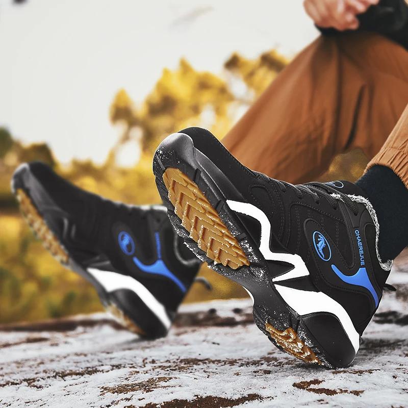 Модные зимние сноубутсы для улицы Мужская рабочая обувь с мехом Теплые ботильоны для улицы Нескользящие Мужские хлопковые ботинки Мужские водонепроницаемые сноубутсы