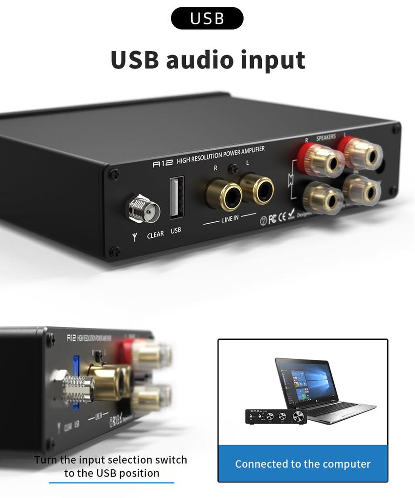 A12 Audio HiFi 2 Channel with Bass and Treble Bluetooth Stereo Class D Power Powered by Suitable for Home Passive Speaker S.M.S.L Amplifier, Control,