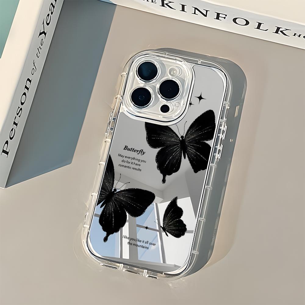 Vintage Black Glitter Butterfly Back Mirror Phone Case For iPhone 17 16 15 Pro Max 14 13 12 11 7 8 Plus X XR XS Air Soft Cover