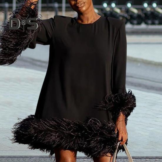 Women Fall Spring Dress Loose Round Neck Fuzzy Faux Fur Decor Solid Color Long Sleeve Pullover H Shaped Above Knee Length Mini Dress