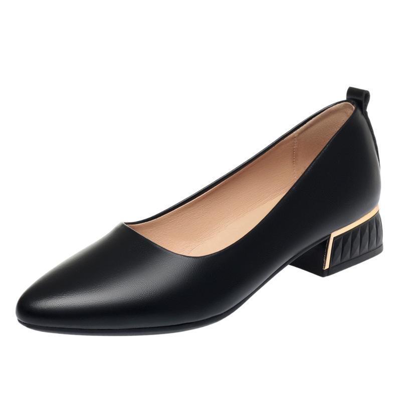 Soft Leather Rough Heel Single Shoes Women's Summer New Pointed Low Heel Women's Shoes White Work Shoes Women's Leather Shoes