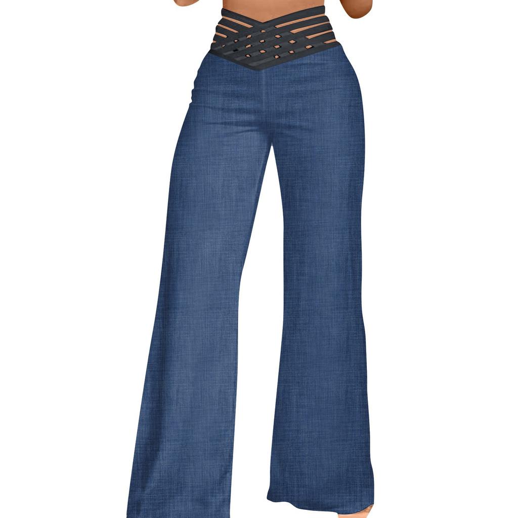 Женские брюки с полым поясом, расклешенные брюки, повседневные брюки с высокой талией и широкими штанинами