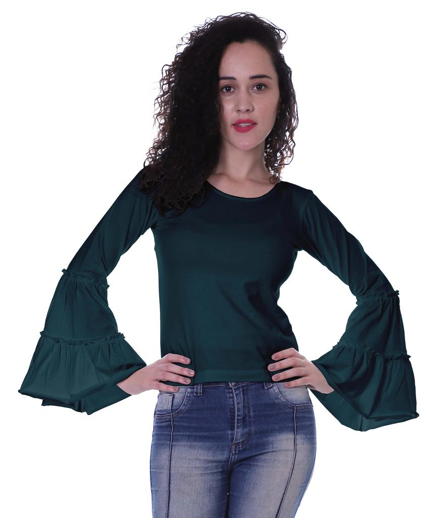 Moomaya Womens Long Bell Sleeves Tshirt Top Round Neck Plain Casual Fit Summer Tee