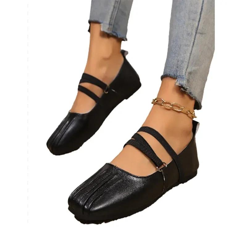 Модные женские кожаные балетки для танцев с плоским квадратным носком, женские туфли на плоской подошве 2025 года, модные элегантные осенние туфли Zapatillas Mujer