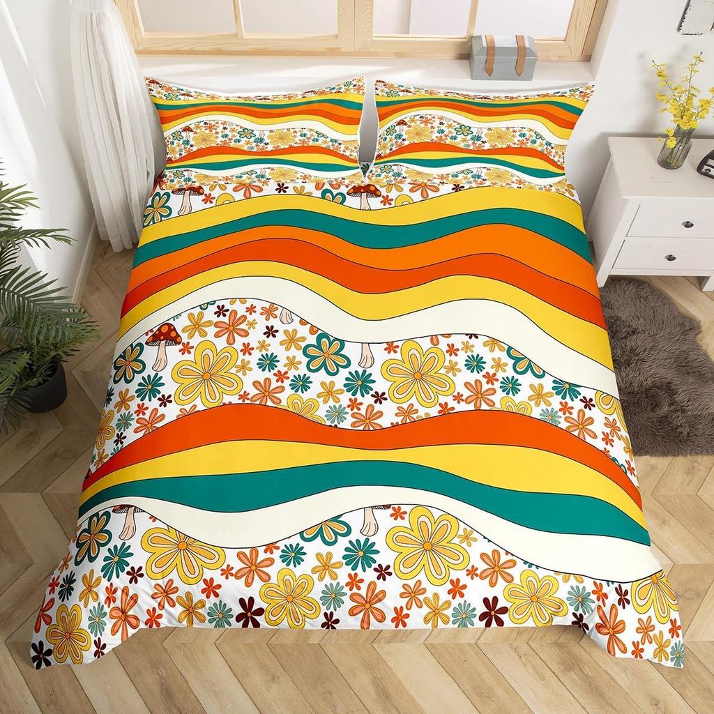 Retro 60S 70S Groovy Flower Duvet Cover,Colorful Hippie Floral Bedding Set Queen,Cartoon Rainbow Mushroom Daisy Comforter Cover