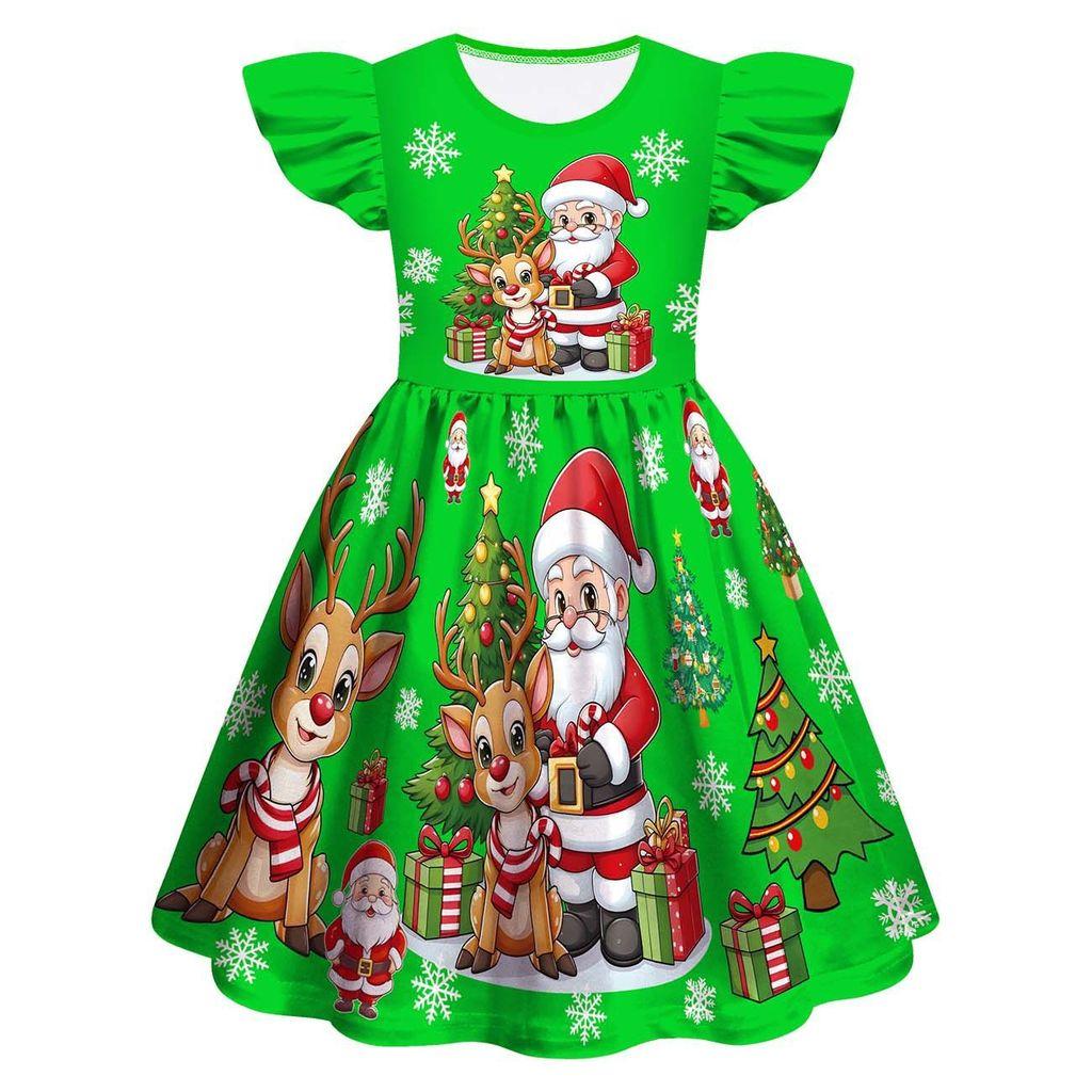 Kids Girls Cartoon Santa Claus Christmas Tree Elk Print Ruffle Sleevess New Year Dress