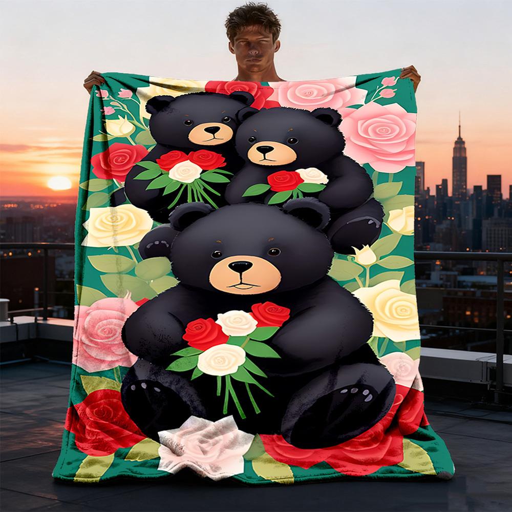 1pc Teddy Bear Bouquet Outdoor Flannel Blanket Soft All Season Polyester Throw , Perfect for Picnics & Travel , Picnic Accessory