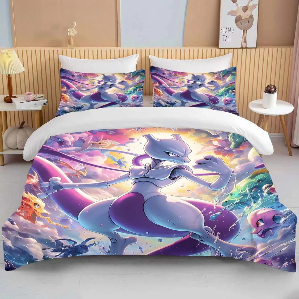 2/3PC P0kem0n Mewtwo Print Bedding Set Duvet Cover Comforter Bed Youth Kids Girl Boys Luxury Birthday Gift