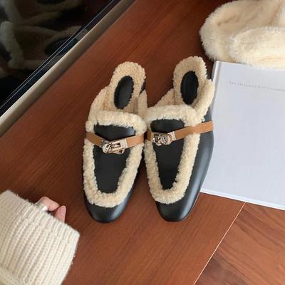 Замок сумка голова овечья шерсть тапочки женские осень и зима толстый каблук один педаль ленивые полусабо для улицы