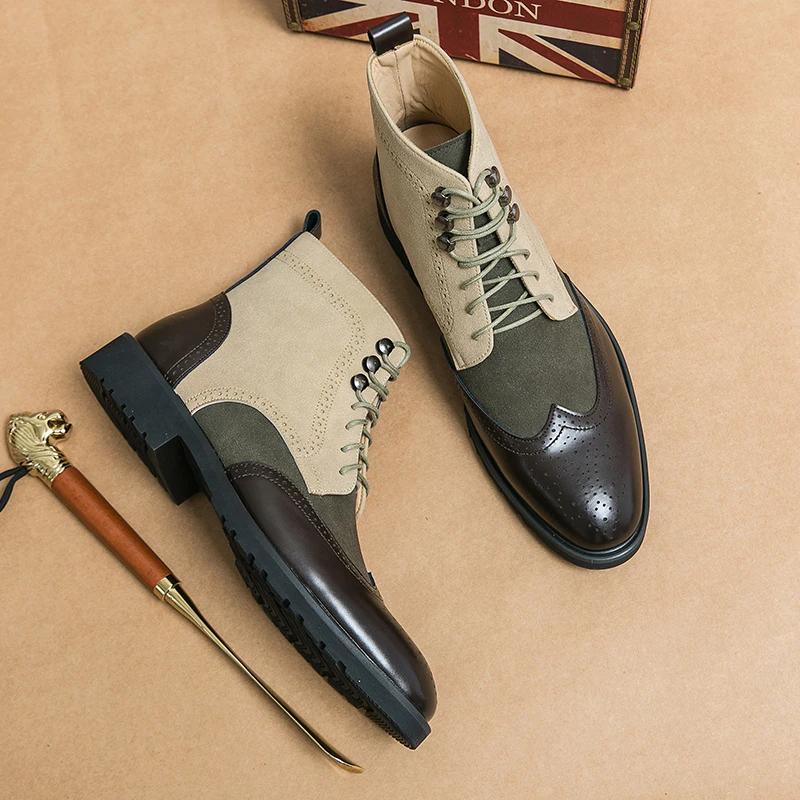 Модные Новые Ботинки Мужские На Блочном Каблуке С Квадратным Носком На Шнуровке Короткие Ботинки Смешанного Цвета Ручной Работы Мужские Ботинки Botas De Hombre