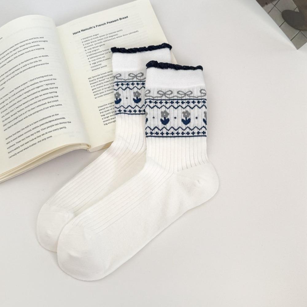 New Korean Style Cotton Socks Small Flower Light Mid-calf Socks Grey Checkered Breathable Boneless Pile Socks Spring Summer