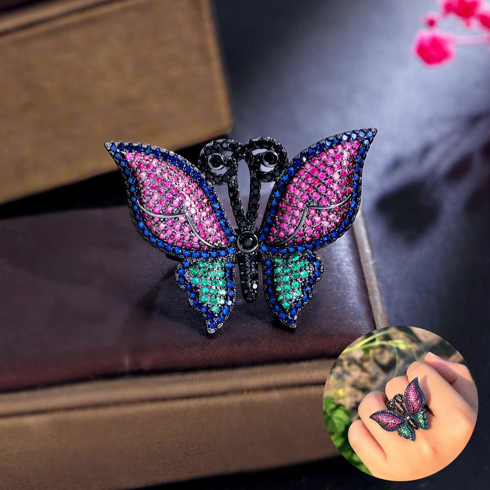 Ювелирные изделия CMM, массивные красные, зеленые с цирконием, роскошные женские обручальные кольца с большой бабочкой, для вечеринки, свадьбы