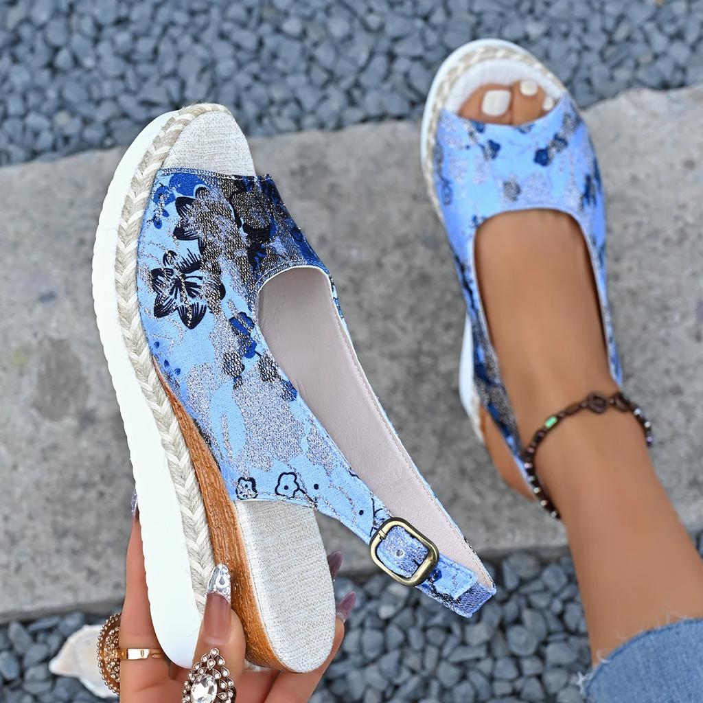 Fashion Wedge Flat Sandals Women Summer Slingbacks Peep Toe Platform Shoes for Women Light Non-slip Comfort Fabric Cushion Beach Sandals