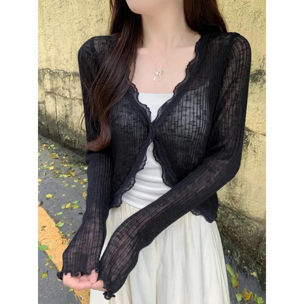 Кружевной топ с длинными рукавами и одной пуговицей, женский кардиган свитер из рубчатого трикотажа с открытой передней частью, летний наряд в стиле фейрикор