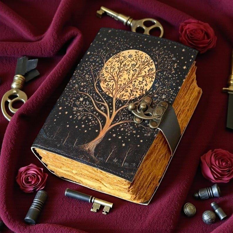 Древо Жизни Книга Теней, Лунное Дерево Кожаный Гримуар, Викканский Языческий Журнал Колдовства, Небесная Книга Заклинаний с Рваной Бумагой