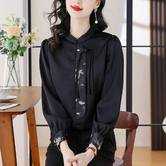 Women's Spring 2024 Satin Retro Long-Sleeve Shirt - Light National Style Top