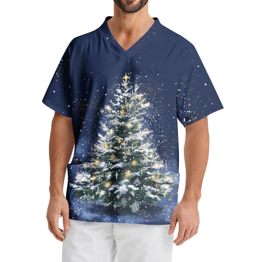 Мужская рабочая блузка с короткими рукавами и v-образным вырезом с принтом, топ с нагрудным карманом