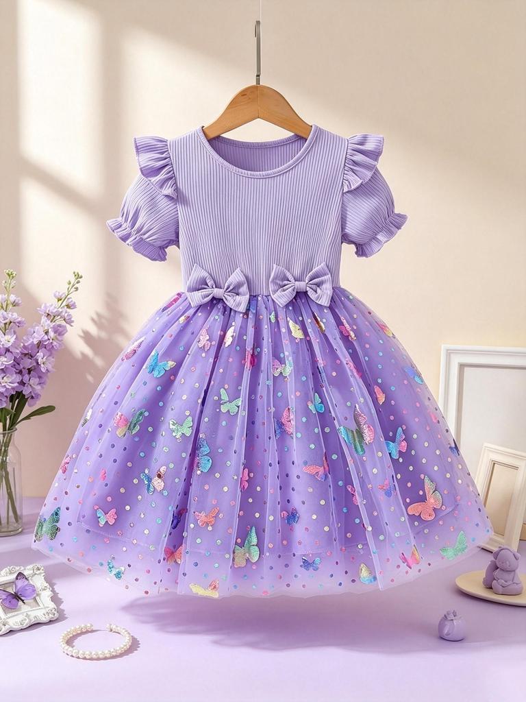 Girls Ruffle Short Sleeve Butterfly Tulle Dress Kids Spring Summer Daily Birthday Party Princess Dress