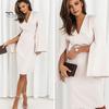 Fall Summer Women Dress Long Slit Horn Sleeves V Neck Slim Fit Solid Color Business Formal Party OL Commute Midi Dress