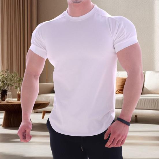 Men Sports T-shirt O Neck Short Sleeve Slim Fit Solid Color Elastic Quick-drying Soft