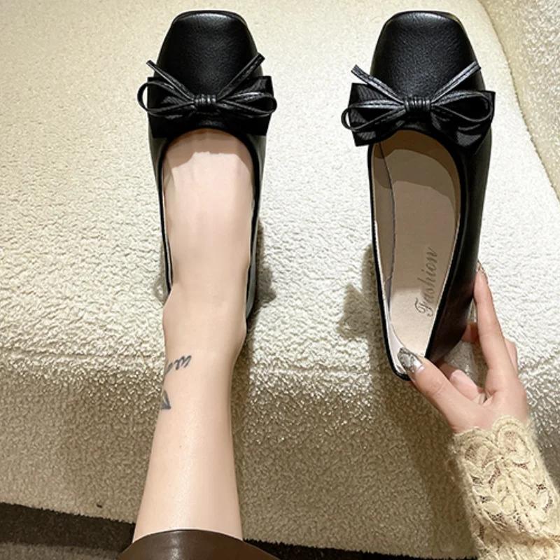 2024 Spring New Square Toed Fashion Flat Shoes Female Square Toed Shallow Bow Shoes for Women Casual Low Heels Ballet Shoes