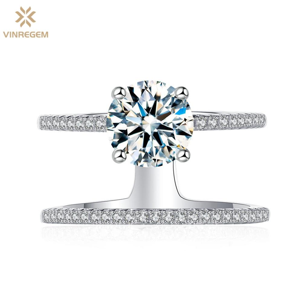 Vinregem Элегантное кольцо из 100% стерлингового серебра 925 пробы 3EX VVS1 D, цвет круглой огранки, 7 мм, 1,25 карата, настоящее кольцо с муассанитом и бриллиантами, свадебное обручальное ювелирное изделие, подарки