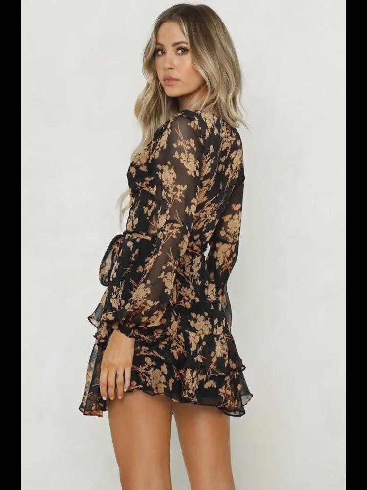 Женское платье с длинными рукавами, V-образным вырезом и цветочным принтом в европейском и американском стиле