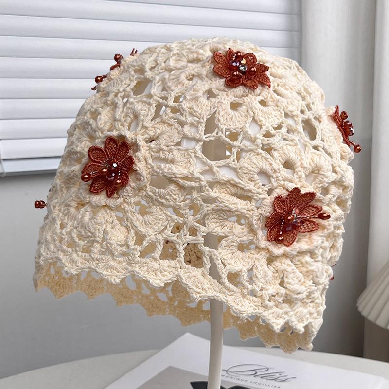 New handmade crochet hollowed wool hat women's literary flower decorative acrylic knitted temperament bag head hat