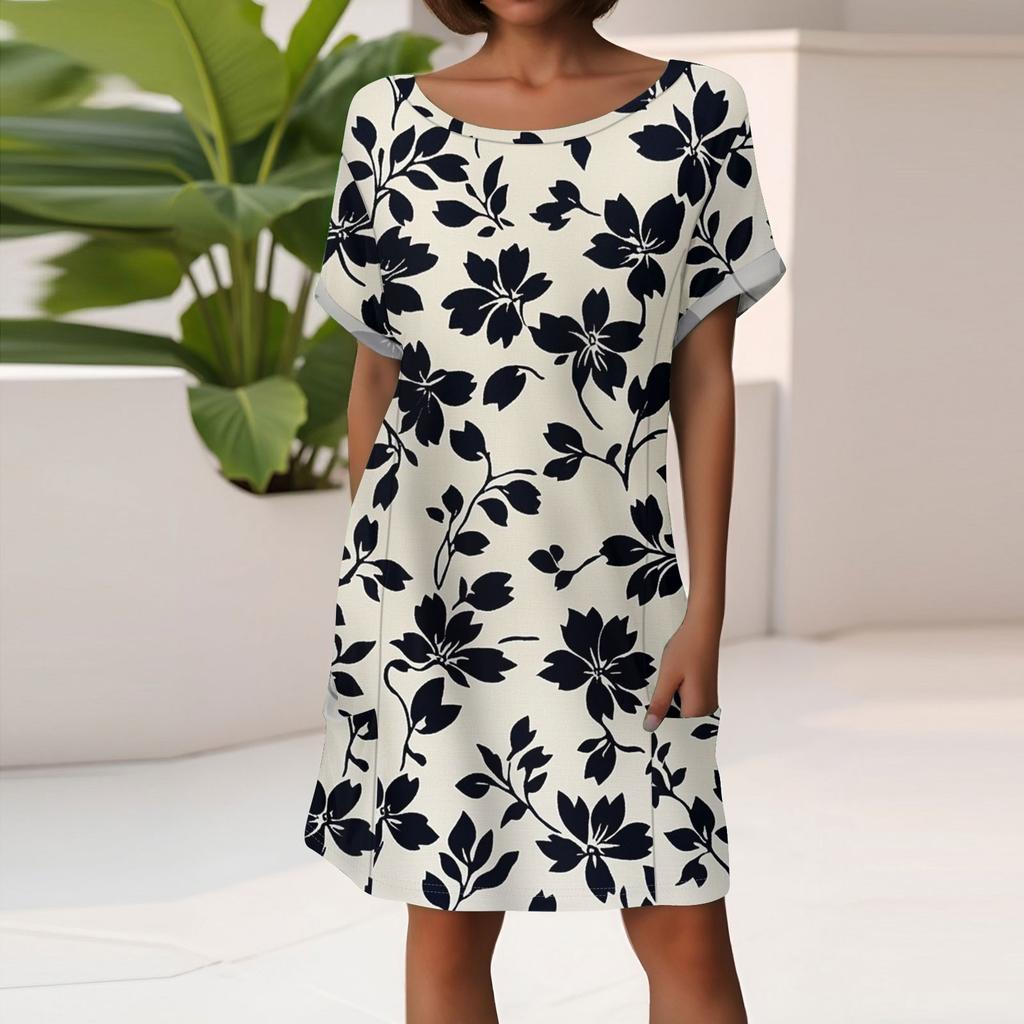 Women's Fashion Short Sleeve Dress With Pockets Floral Print Casual Beach Dress