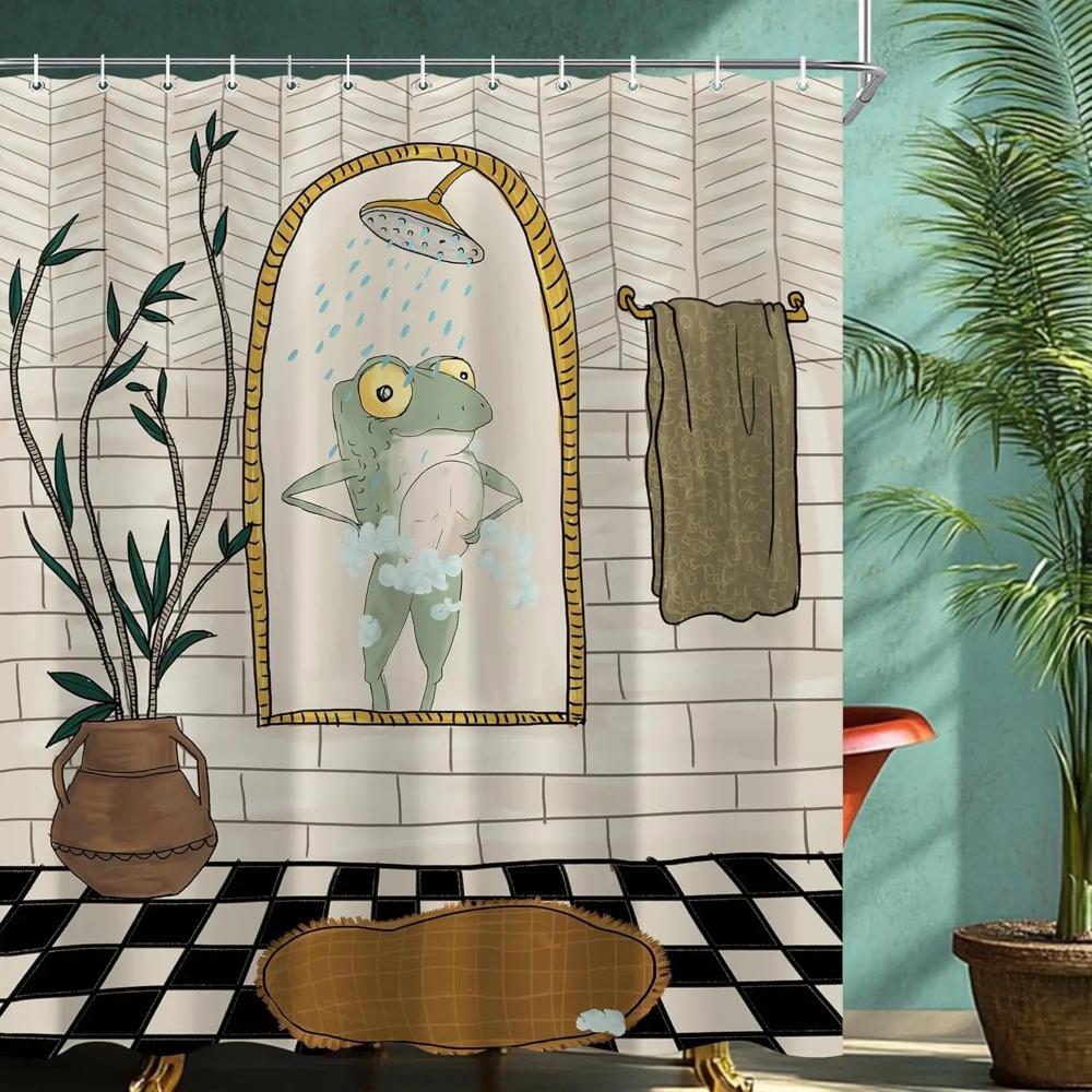 Funny Retro Frog Printed Shower Curtain Cute Vintage Animal Plant For Bathroom Decor