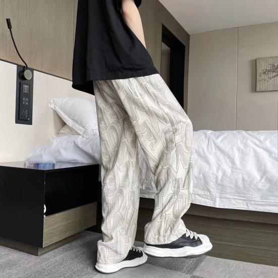 Men Pants Elastic Waist Adjustable Drawstring Wide Leg Casual Trousers with Pockets Letter Print Corduroy Pants