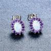 White Fire Opal Oval Stone Earrings Purple Green Blue Zircon Stud Earrings Charm Silver Color Wedding Earrings for Women Jewelry