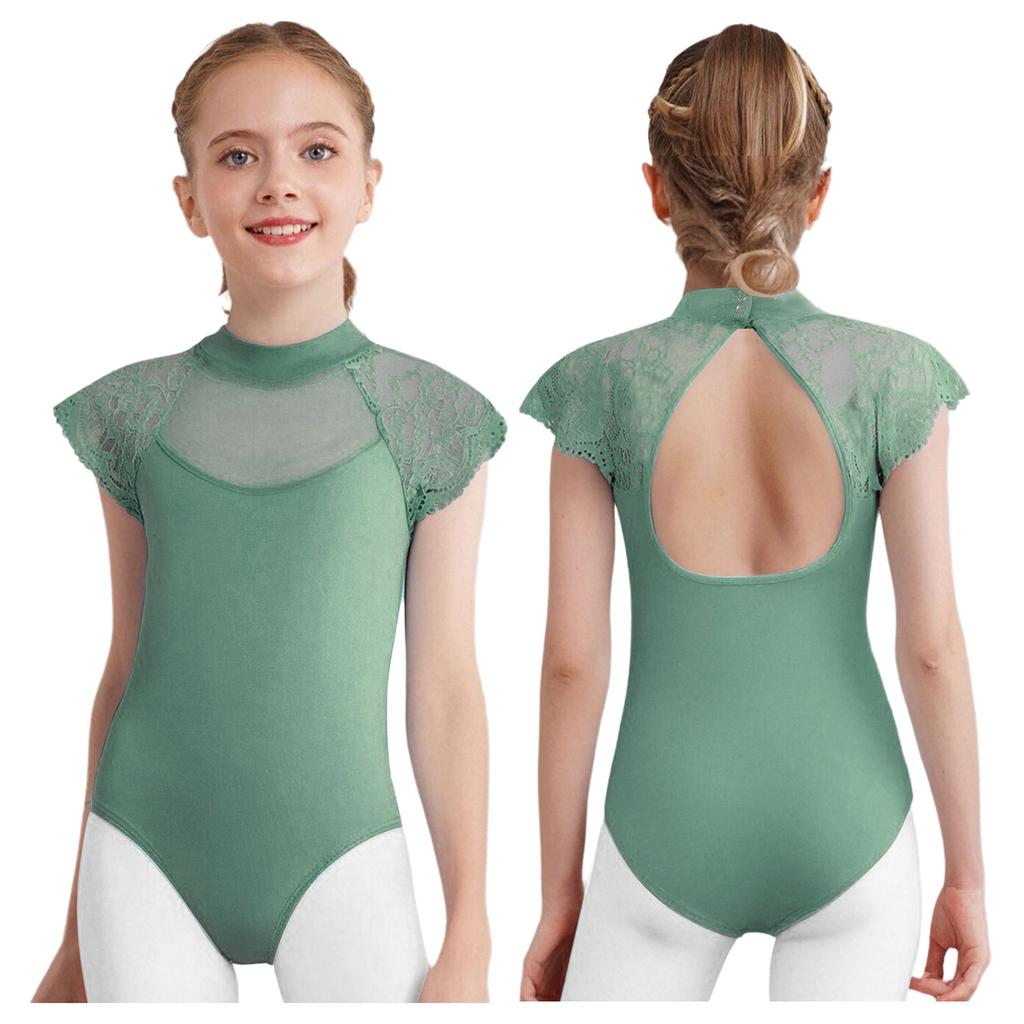 Girls Ballet Exam Leotard Lace Cap Sleeves Sheer Mesh Patchwork Cutout Dance Practice Wear