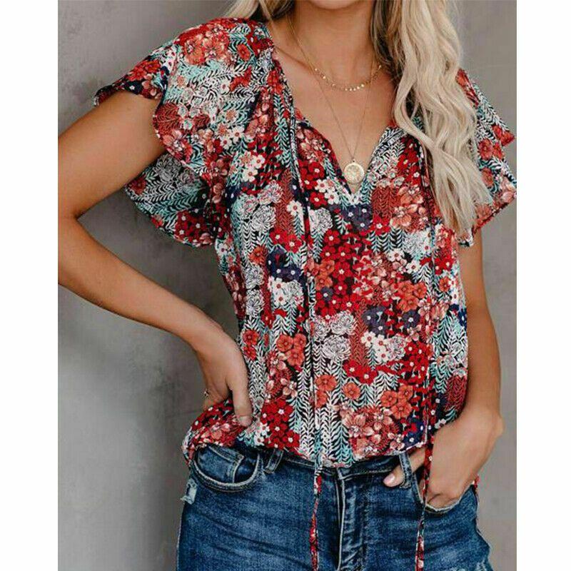 Elegant Womens Summer V Neck Short Sleeve T Shirt Featuring Vibrant Floral Print Design