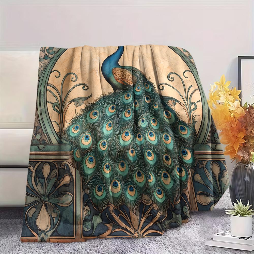 Peacock with Fanned Tail Print Flannel Blanket, High quality Comfortable for All Seasons, Home Decor, Warmth and Comfort